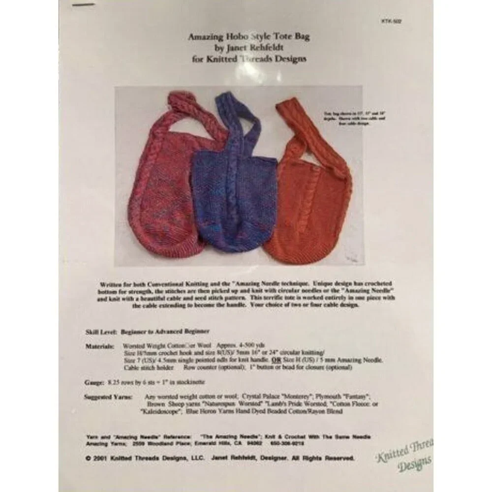 New 2001 Knitted Threads Rehfeldt KTK-502 Amazing Hobo Tote Knitting Pattern